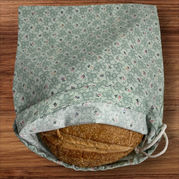 Green Floral Cotton Linen Organic Bread Bag, Reusable Bread Storage Bag Gift Bag - Picture 1 of 4